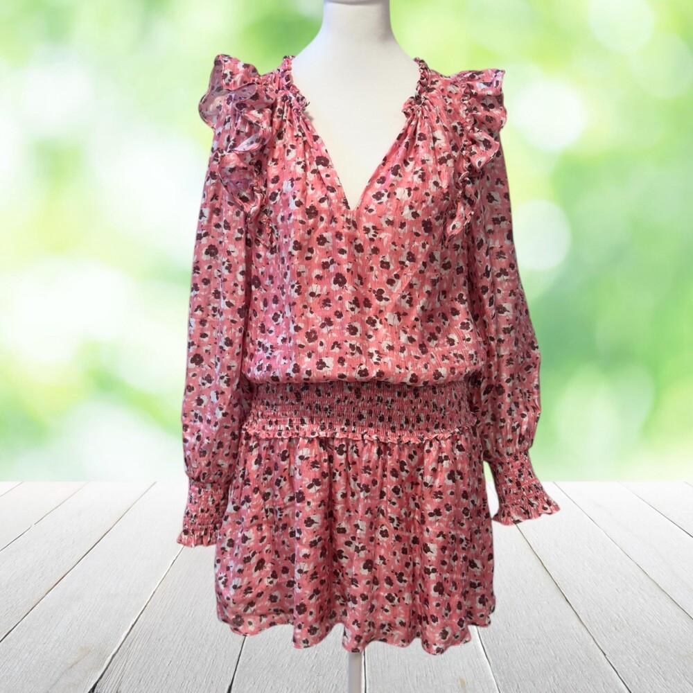RAMY BROOK Penelope Ruffle Mini Dress Silk Blend Drop Waist Smocked Pink Size S